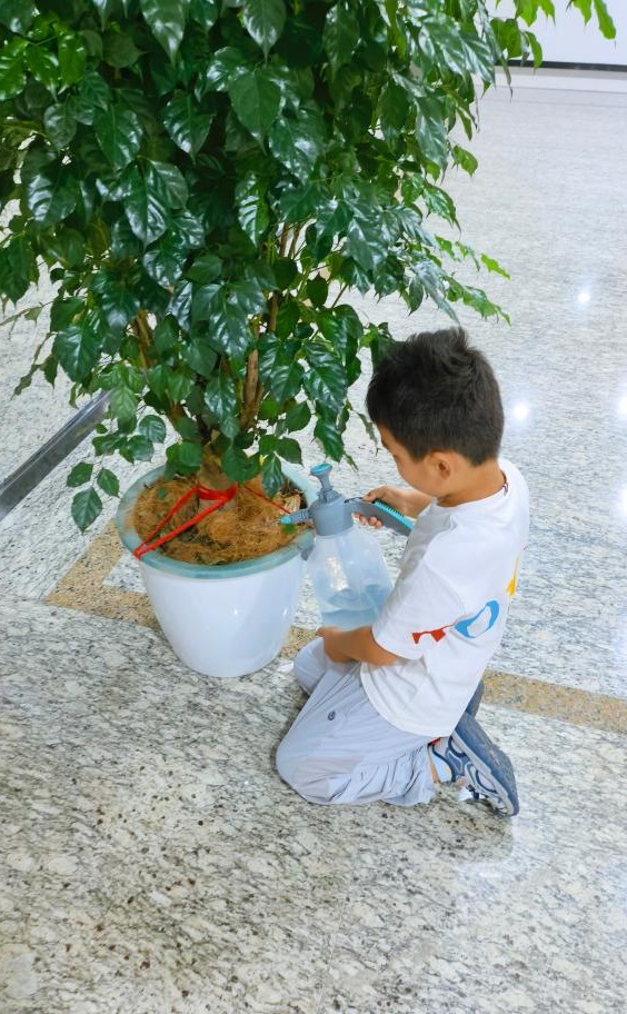 宸宸在给走廊里的植物浇水
