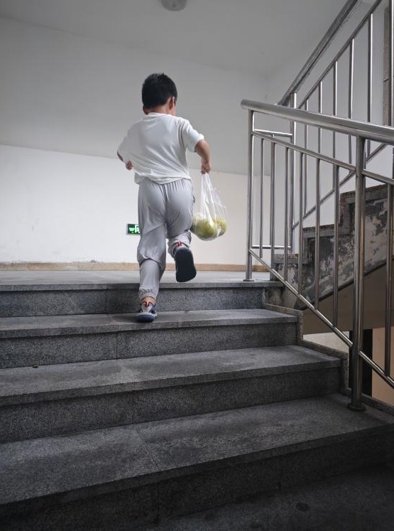 宸宸自己拎着打包的饭菜蛋糕爬楼梯