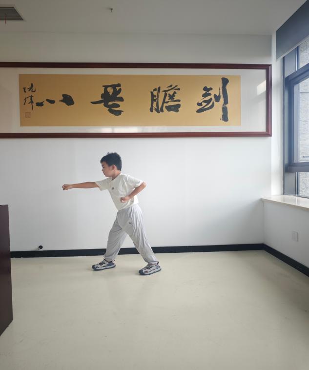 宸宸在打跆拳道太极一章的打拳动作